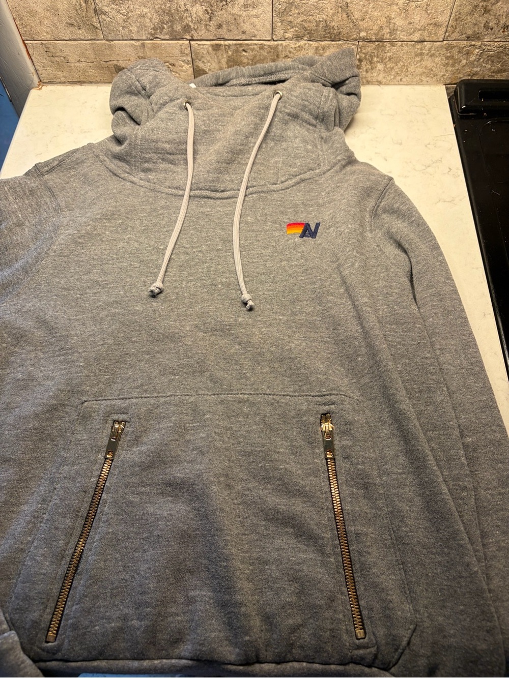 Aviator Nation Funnel Neck Pullover Hoodie Charcoal Zip Pockets Medium - Picture 3 of 4
